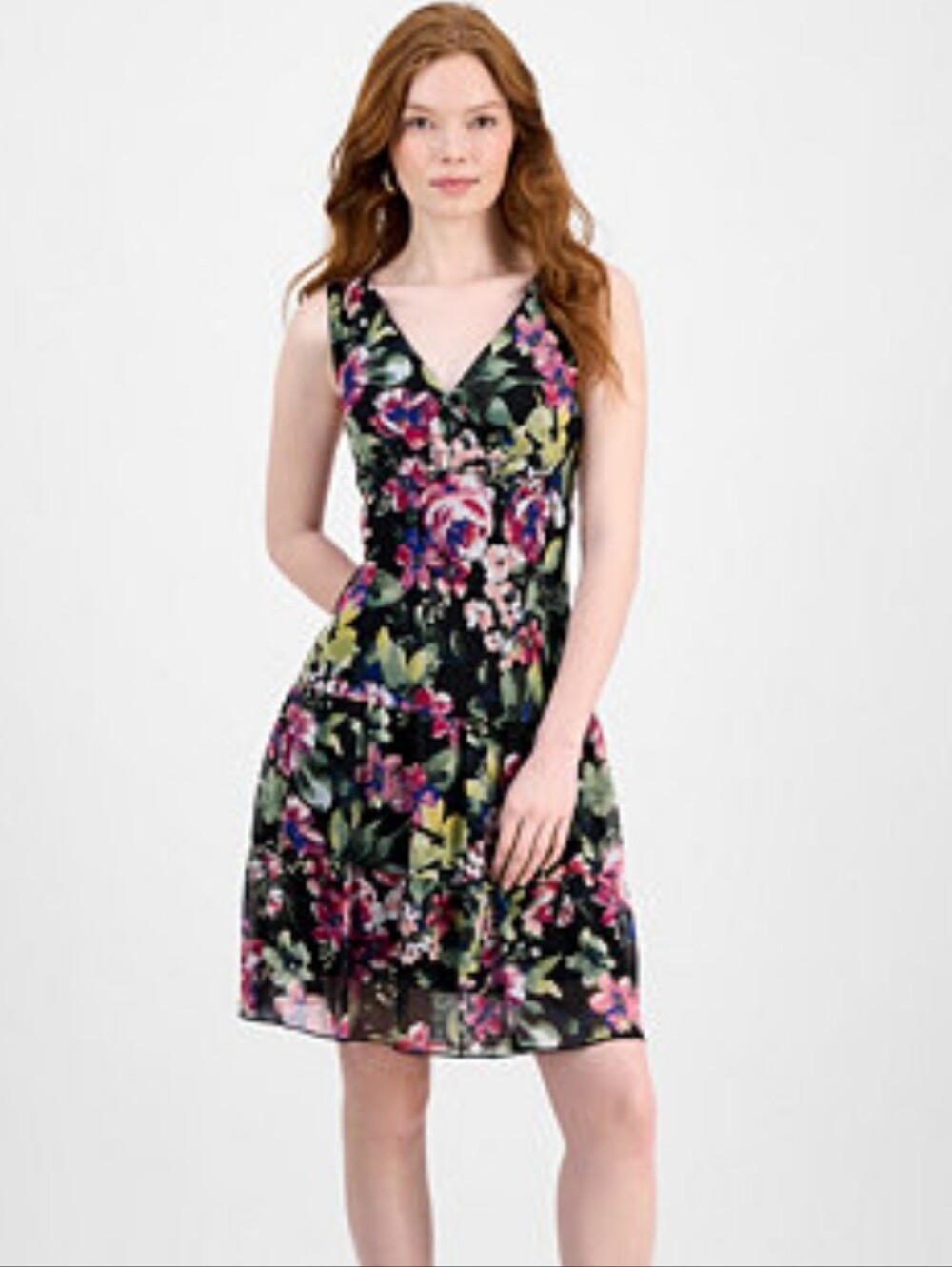 Connected Apparel NWT Black Floral Chiffon Fit Flare Dress Size 8 Cocktail